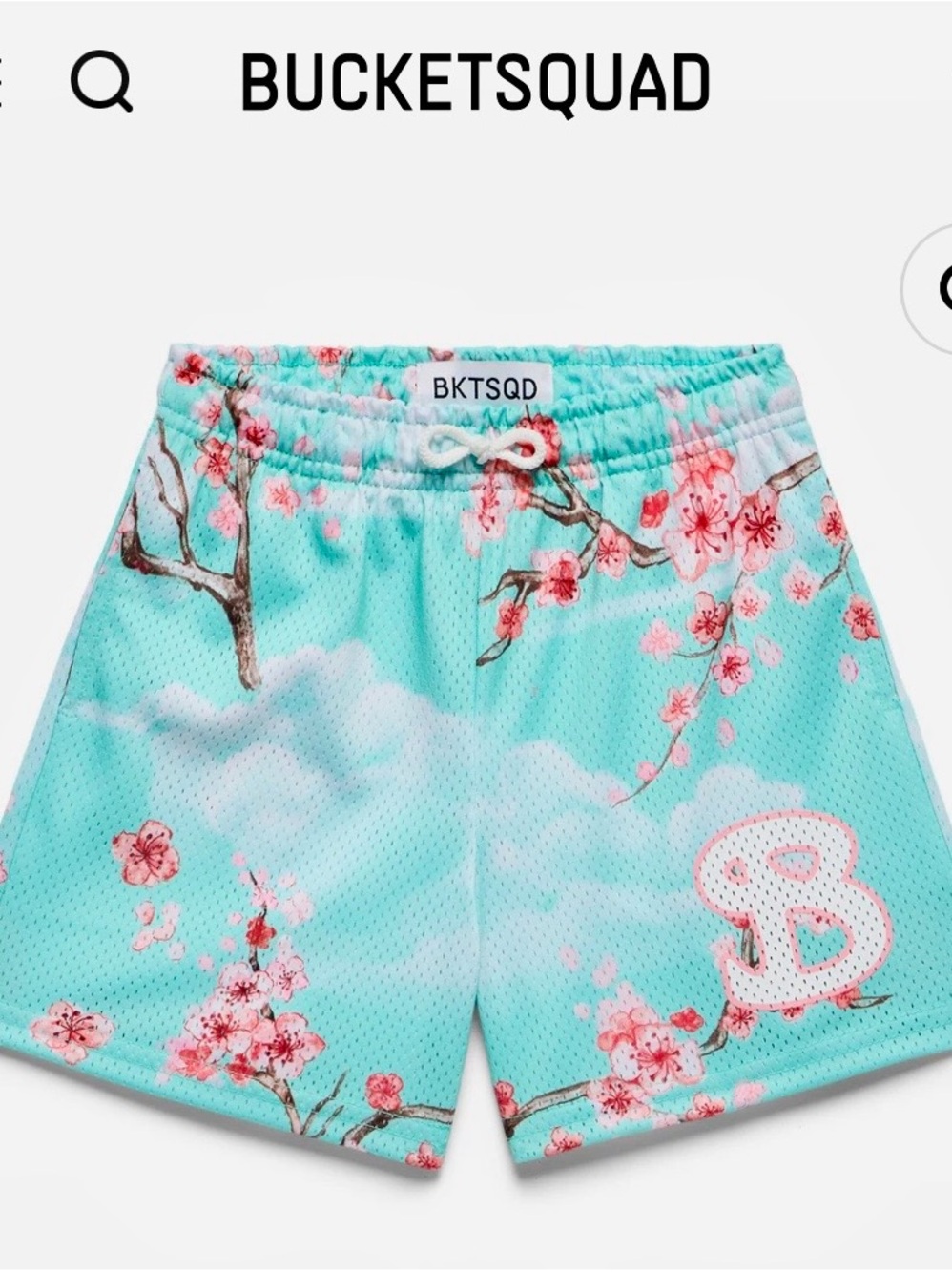 Bucket Squad Kids Aqua Cherry Blossom Swim Shorts with 'B’ logo